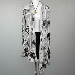 Y2K Newspaper Print Chic Cardigan Robe White‎ + Black Rare Women's Size Medium